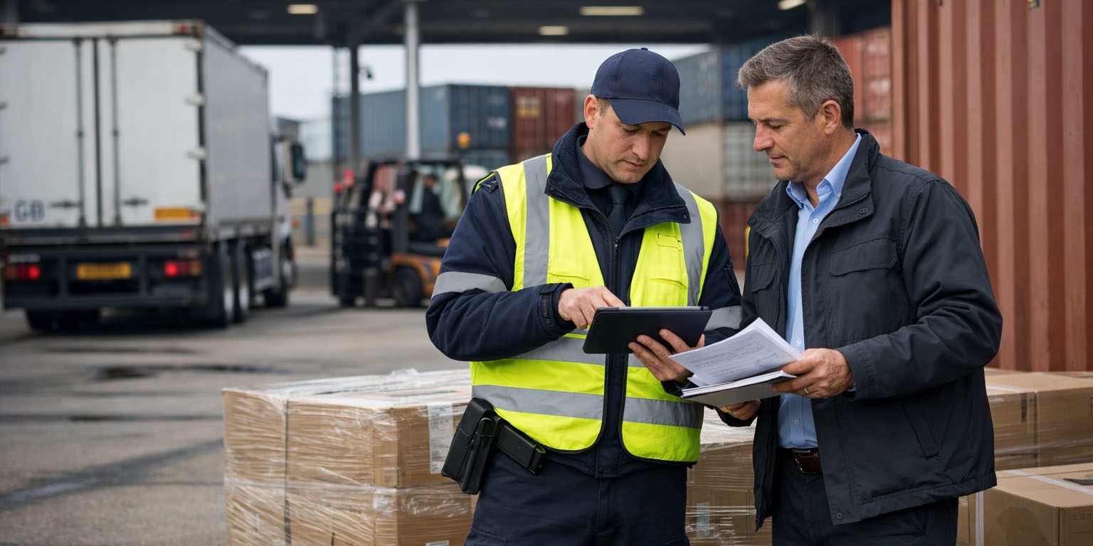UK Customs Clearance - 2 people speaking to each other and looking at customs documents